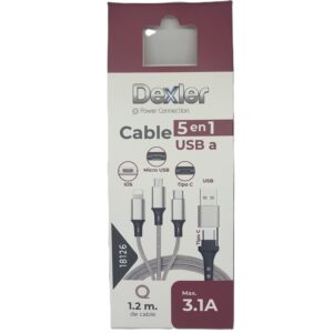 Cable 5 en 1: USB2.0/Tipo C a Microusb/Tipo C/Lightning. Transferencia+Carga (3A)/1,2m.