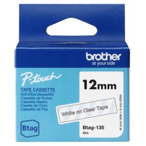 Brother Btag-135 Cinta 12mm - Texto Blanco sobre Fondo Transparente - Medidas 12mmx4 Metros - Apta para PTN10, PTN20, PTN25BT
