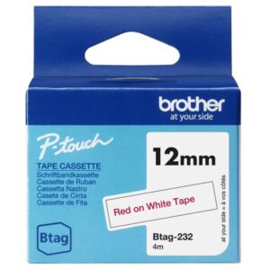 Brother Btag-232 Cinta 12mm - Texto Rojo sobre Fondo Blanco - Medidas 12mmx4 Metros - Apta para PTN10, PTN20, PTN25BT