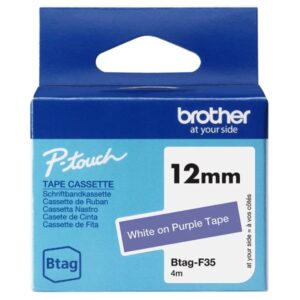 Brother Btag-F35 Cinta 12mm - Texto Blanco sobre Fondo Morado - Medidas 12mmx4 Metros - Apta para PTN10, PTN20, PTN25BT