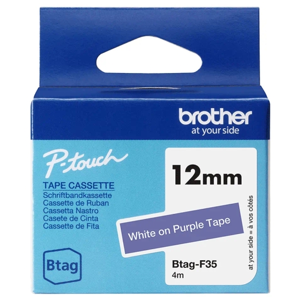 Brother Btag-F35 Cinta 12mm - Texto Blanco sobre Fondo Morado - Medidas 12mmx4 Metros - Apta para PTN10, PTN20, PTN25BT