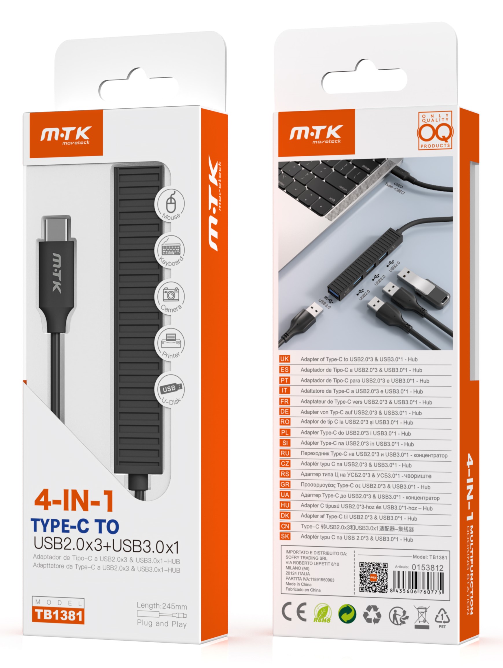 HUB 4 in 1 Tipo C a 3 USB2.0 + 1 USB 3.0 negro