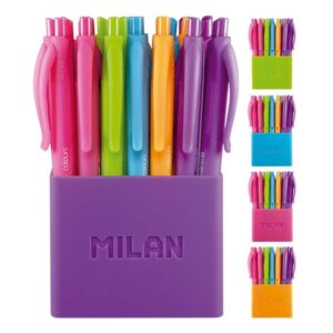 Milan P1 Touch Colours Pack de 24 Boligrafos de Bola Retractiles - Punta Redonda 1.0 mm - Tinta con Base de Aceite - Cuerpo del Color de la Tinta - Colores Surtidos