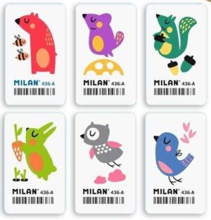 Milan 436A Goma de Borrar Rectangular Flexible - Miga de Pan - Caucho Sintetico - Dibujos Infantiles - Dibujos Surtidos