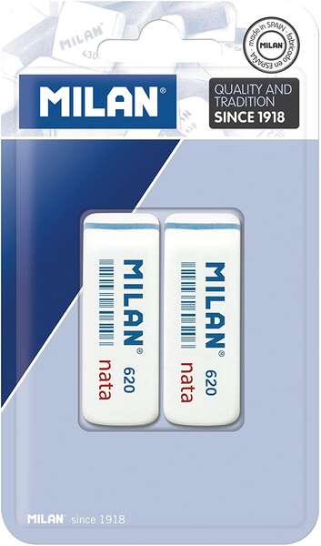Milan Nata 620 Pack de 2 Gomas de Borrar Biseladas - Plastico - Suave - No Abrasiva - Color Blanco