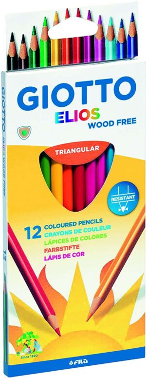 Giotto Elios Wood Free Pack de 12 Lapices Triangulares de Colores - Sin Madera - Mina 3.3 mm - Colores Surtidos