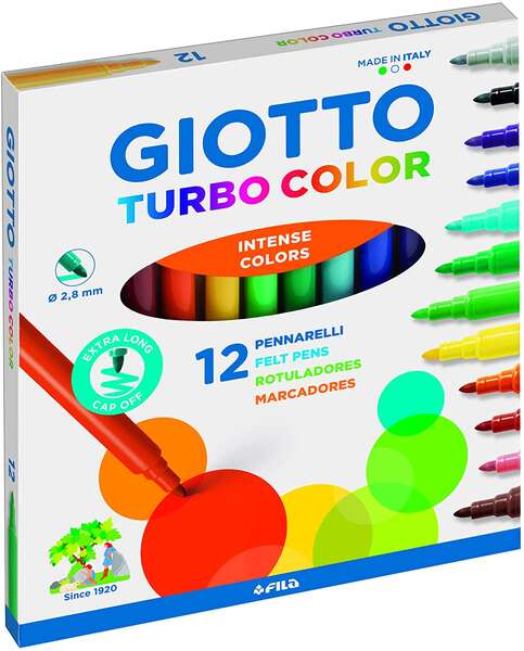 Giotto Turbo Color Pack de 12 Rotuladores - Punta Fina 2.8 mm. - Tinta al Agua - Lavable - Colores Surtidos