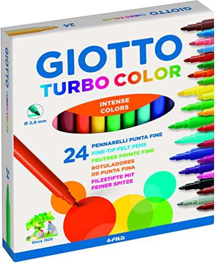 Giotto Turbo Color Pack de 24 Rotuladores - Punta Fina 2.8 mm. - Tinta al Agua - Lavable - Colores Surtidos