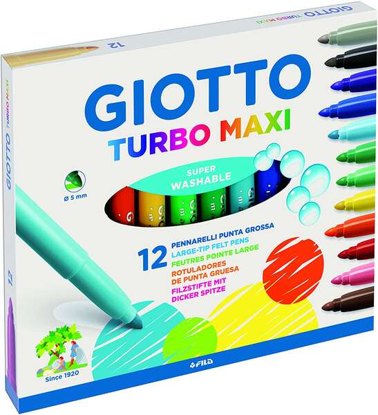 Giotto Turbo Maxi Pack de 12 Rotuladores - Punta Gruesa 5mm - Tinta al Agua - Lavable - Colores Surtidos