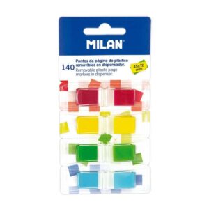 Milan Bloc de 140 Puntos de Pagina de Colores Transparentes - Plastico - Removibles - Medidas 45mm x 12mm - Colores Surtidos