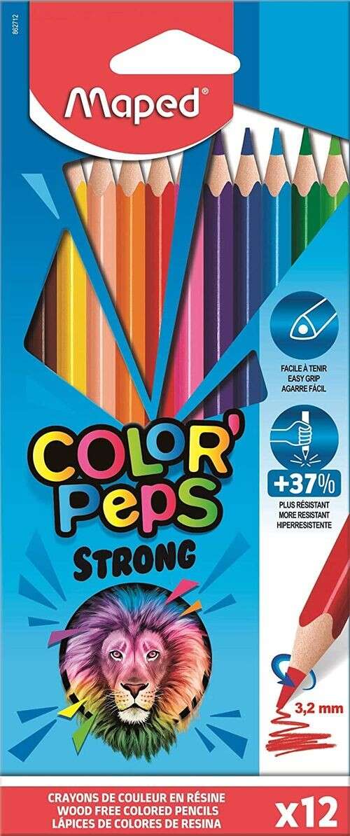 Maped Color´Peps Strong Pack de 12 Lapices Triangulares de Colores - Sin Madera - Mina 3,2mm - Punta Ultra Resistente - Colores Surtidos