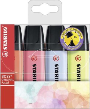 Stabilo Boss 70 Pastel Pack de 4 Marcadores Fluorescentes - Trazo entre 2 y 5mm - Recargable - Tinta con Base de Agua - Colores Surtidos