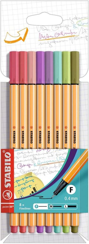 Stabilo Point 88 Pack de 8 Rotuladores de Punta Fina de Fibra - Trazo de 0.4 mm - Tinta con Base de Agua - Colores Surtidos