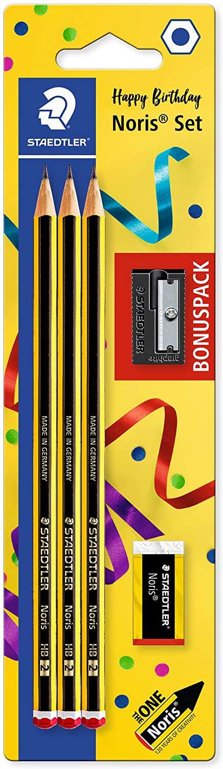 Staedtler Noris 120 Pack de 3 Lapices de Grafito Hexagonales + Goma de Borrar + Sacapuntas - Mina HB Ultrarresistente de 2mm - Madera de Bosques Sostenibles