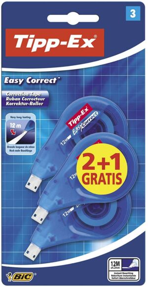 Tipp-Ex Easy Correct 2+1 Pack de 3 Cintas Correctoras 4.2mm x 12m - Resistente - Escritura Instantanea (Blister)