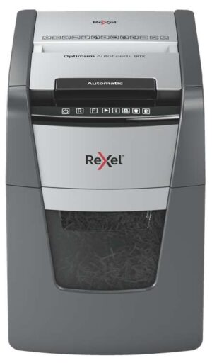 Rexel Optimum AutoFeed 90X Destructora Automatica de Corte en Particulas P-4 - Autoalimentacion 90 Hojas, Manual 8 Hojas - Anti Atasco - Capacidad de la Papelera 35L - Color Gris