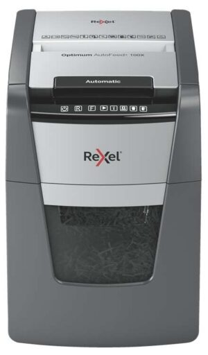 Rexel Optimum AutoFeed 100X Destructora Automatica de Corte en Particulas P-4 - Alimentacion Automatica 100 Hojas y Manual 8 Hojas - Capacidad de la Papelera 34L - Color Gris/Plata
