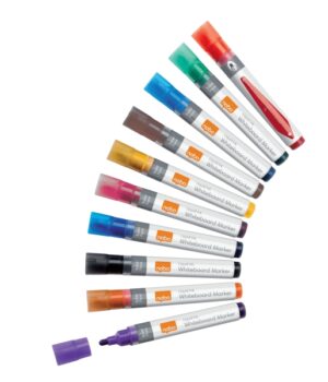Nobo Pack de 10 Rotuladores para Pizarra Blanca - Punta Redonda 3mm - Tinta Liquida - Ventana para Ver el Nivel de Tinta - Colores Surtidos