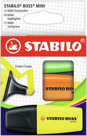 Stabilo Boss Mini Pack de 3 Marcadores Mini Fluorescentes - Trazo entre 2 y 5mm - Tinta con Base de Agua - Antisecado - Colores Surtidos