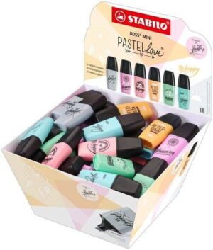 Stabilo Boss Mini Pastellove Expositor con 50 Marcadores Fluorescentes - Trazo entre 2 y 5mm - Tinta con Base de Agua - Antisecado - Colores Surtidos