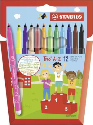 Stabilo Trio AZ Pack de 12 Rotulador de Punta Fina de Fibra - Trazo 0.7mm - Tinta Super Lavable - Forma Triangular - Colores Surtidos