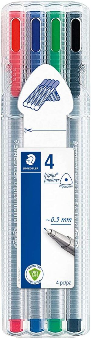 Staedtler Triplus Fineliner 334 Pack de 4 Rotuladores de Punta Fina - Trazo 0.3 mm Aprox - Tinta Base de Agua - Colores Surtidos