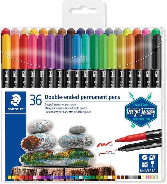 Staedtler 3187 Pack de 36 Rotuladores Permanentes de Doble Punta - Resistente al Agua - Secado Rapido - Colores Surtidos