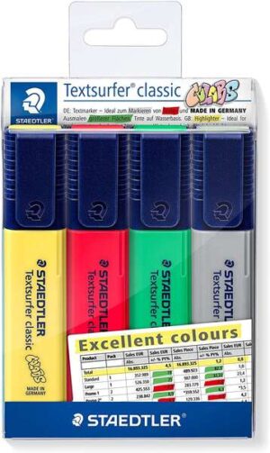 Staedtler Textsurfer Classic 364 Pack de 4 Marcadores Fluorescentes - Punta Biselada 1 - 5mm Aprox - Secado Rapido - Colores Surtidos