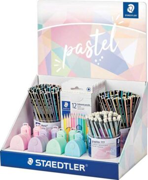 Staedtler Expositor con 182 Piezas Surtidas - Modelos Lapices Noris 118, Lapices Noris 119, Portaminas Graphite 777, Estuches 146 C, Gomas 525 PS1, Afilalapices 512 PS2