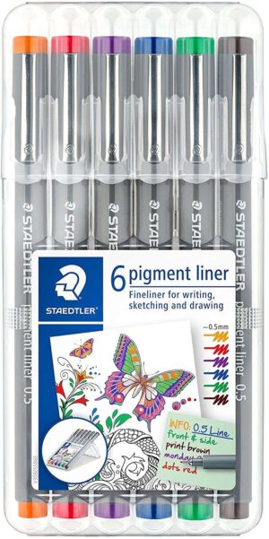Staedtler Pigment Liner 308 Pack de 6 Rotuladores Calibrados - Trazo 0.5mm - Secado Rapido - Colores Surtidos