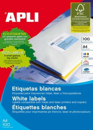 Apli Pack de 100 Etiquetas Permanentes - Tamaño 210 x 297mm - Multiples Usos - Color Blanco