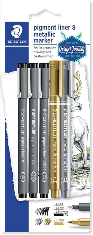 Staedtler Pigment Liner 308 Pack de 5 Rotuladores Calibrados - Tinta Resistente a la Luz y Agua - Para Escribrir, Esborzar y Dibujar - Colores Surtidos