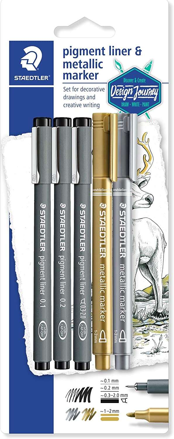 Staedtler Pigment Liner 308 Pack de 5 Rotuladores Calibrados - Tinta Resistente a la Luz y Agua - Para Escribrir, Esborzar y Dibujar - Colores Surtidos