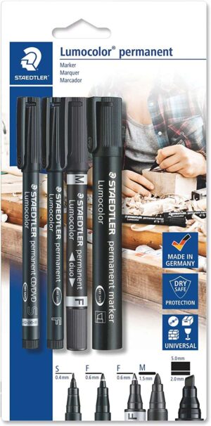 Staedtler Lumocolor Permanent Pack de 4 Rotuladores Permanentes - Diferentes Puntas - Resistente al Agua - Recargables - Color Negro
