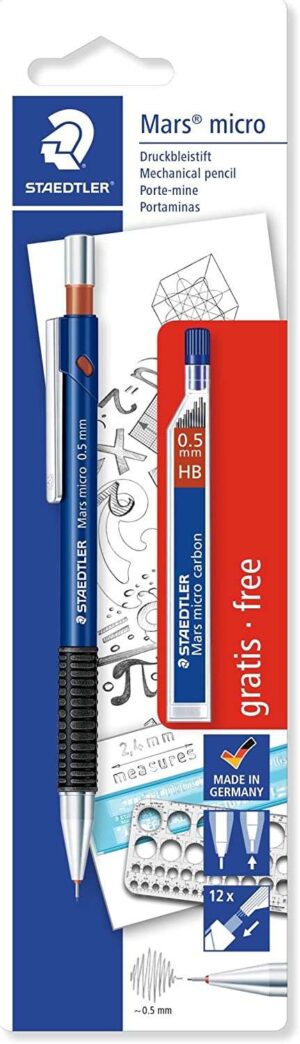 Staedtler Mars Micro Pack de 1 Portaminas 0.5mm + 1 Tubo de 12 Minas - Minas HB - Zona de Agarre de Goma