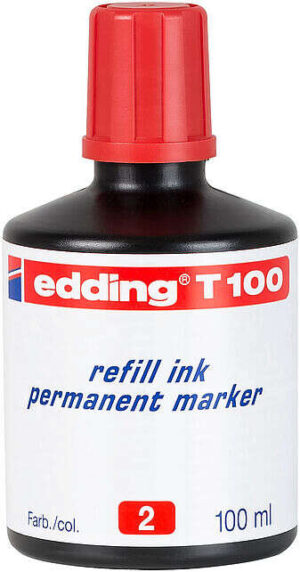 Edding T100 Bote de Recarga para Rotulador Permanente - Capacidad 100ml - Color Rojo