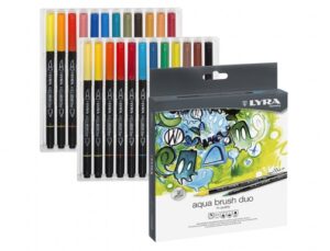 Lyra Aqua Brush Duo Pack 24 Rotuladores de Doble Punta - Punta Pincel 4mm, Punta Fina 2mm - Tinta Base de Agua - Colores Surtidos