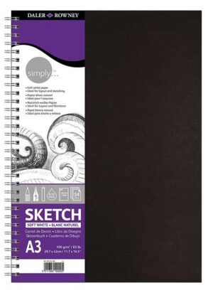 Daler Rowney Simply Cuaderno de Dibujo A3 - Cubierta Rigida con Encuadernacion en Espiral 100g/m2 - Color Blanco