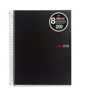 Miquel Rius Notebook8 Cuaderno de Espiral Formato A4 - 200 Hojas de 70 gr Microperforadas con 4 Taladros - Cubiertas de Polipropileno - Cuadricula 5x5 - Color Negro