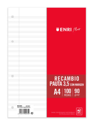 Enri Plus Recambio Formato A4 - Pautado 3.5mm 4 Taladros - 100 Hojas 90gr con Margen