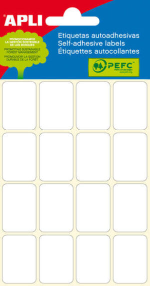 Apli Minibolsa de 96 Etiquetas Rectangulares 19x27mm - 6 Hojas por 16 Etiquetas - Adhesivo Permanente - Cantos Romos - Color Blanco