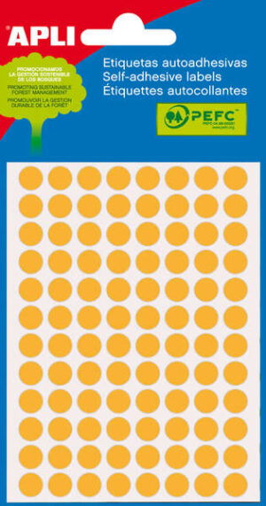 Apli Minibolsa de 288 Etiquetas Redondas Ø 8mm - 3 Hojas por 96 Etiquetas - Adhesivo Permanente - Color Naranja Fluor