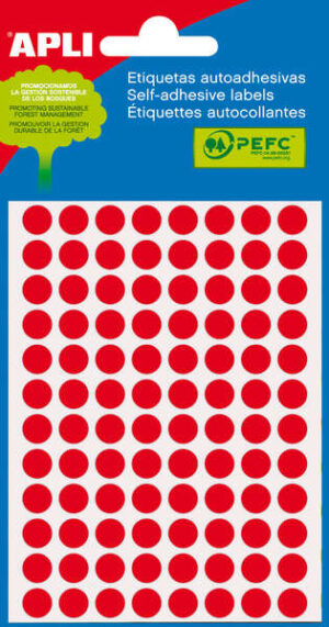 Apli Minibolsa de 288 Etiquetas Redondas Ø 8mm - 3 Hojas por 96 Etiquetas - Adhesivo Permanente - Color Rojo Fluor