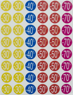 Apli Pack de 240 Etiquetas de Descuento -30%, -40%, -50%, -70% - Tamaño Ø 24mm - Forma Redonda - Colores Amarillo, Azul, Rojo y Fucsia