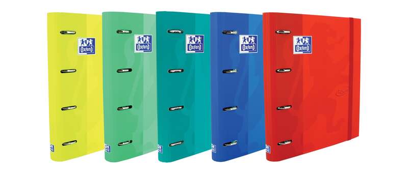 Oxford Europeanbinder Touch Carpeta de 4 Anillas Formato A4+ con Recambio Cuadriculado 5x5mm y 4 Taladros - Tapa Tacto Suave - Cierre con Goma Elastica - Colores Surtidos