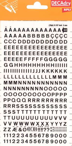 Apli Letras y Numeros Transferibles - 5mm - 339 Caracteres - Negros