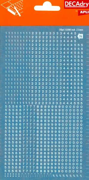 Apli Numeros Transferibles - 2.5mm - Facil Aplicacion - Resistentes al Agua - Blancos - 952 Caracteres