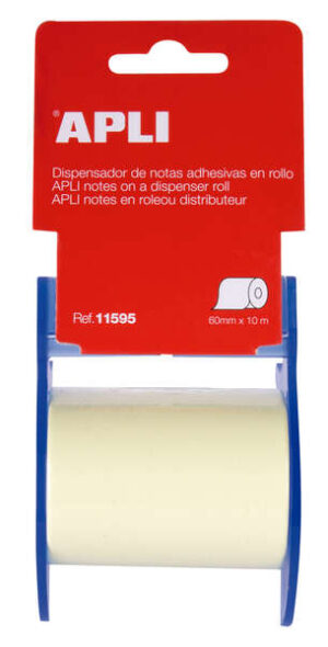 Apli Rollo de Nota Adhesiva con Dispensador - Medidas del Rollo 60mmx10m - Facil de Usar - Adhesivo de Calidad - Color Nota Amarillo - Color Dispensador Azul