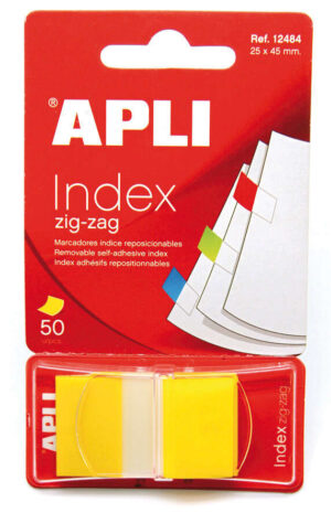 Apli Indices Adhesivos Film Zigzag 45x25mm Dispensador de 50 - Adhesivo Removible - Zigzag para Facil Identificacion - Amarillo