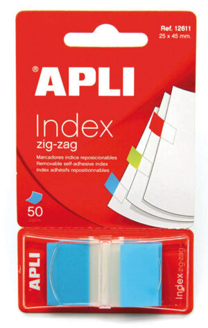 Apli Indices Adhesivos Film Zigzag 45x25mm Dispensador de 50 - Faciles de Aplicar - Diseño Zigzag - Adhesivo de Calidad - Azul
